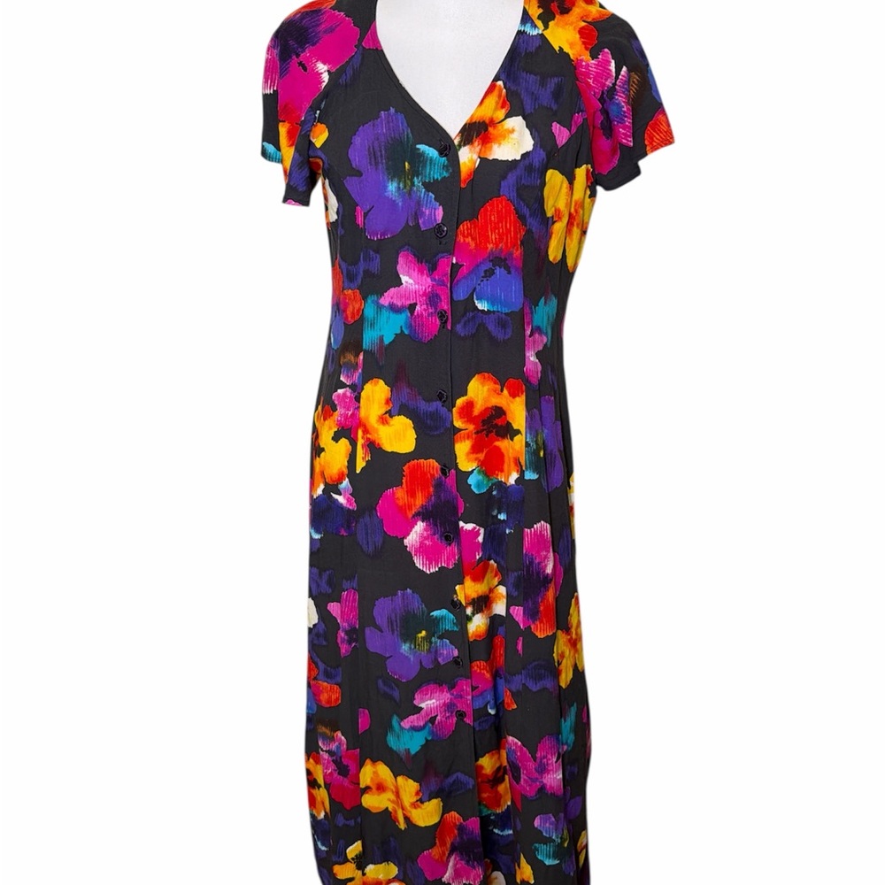 Jams World Black Dress Bright Floral Watercolor Print Medium